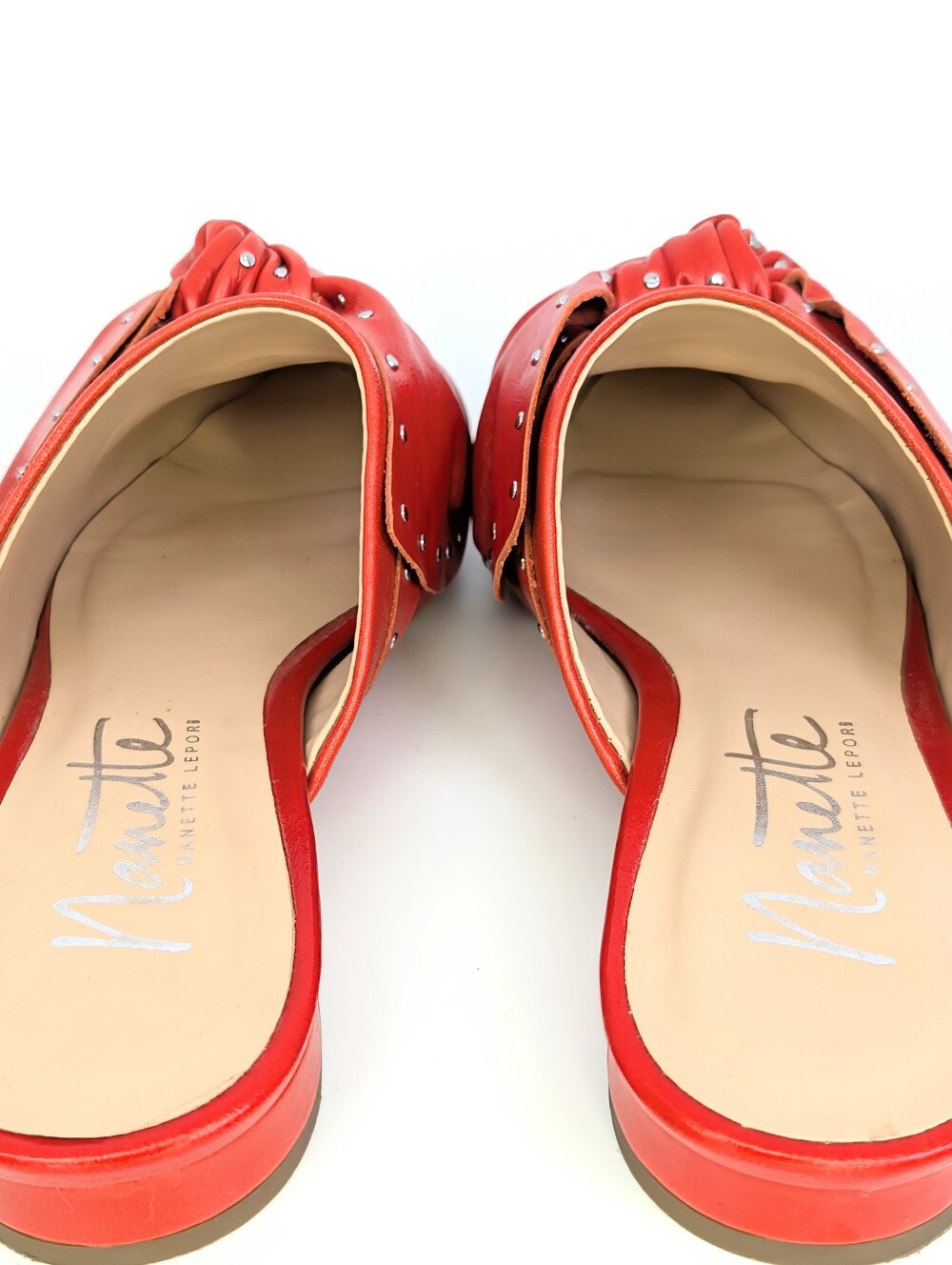 Nanette Lepore Orange Red Studded Bow Pointed Toe Mule Flats Slide On Size 6 EUC - Picture 7 of 12